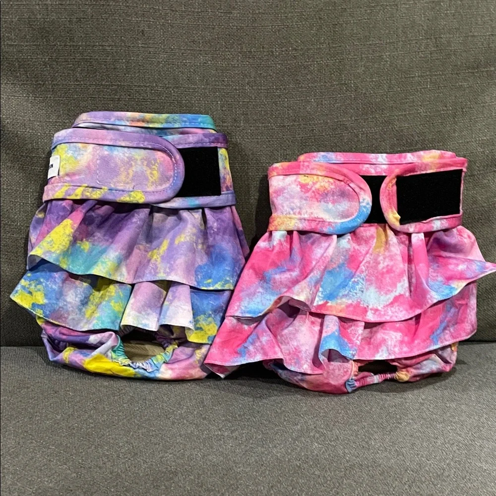 Dog Reuseable washable absorbent Ruffled Tie-Dyed Pink Purple Diaper bundle of 2